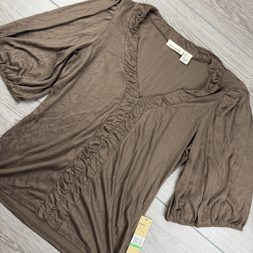 Dkny Jeans Women's Short Sleeve Ruffled Scrunch V Neck Top Brown Large‎ New